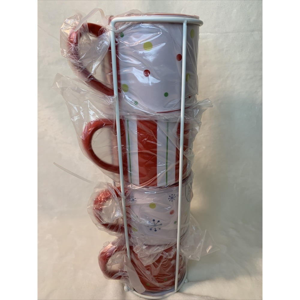 Temp-tations Set of 4 Winter Whimsy Stacking Mugs w/ Wire Stand in Snowman NEW - Picture 10 of 12